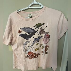 Lucy & Yak ocean tshirt, marine shirt, cropped tee, size large